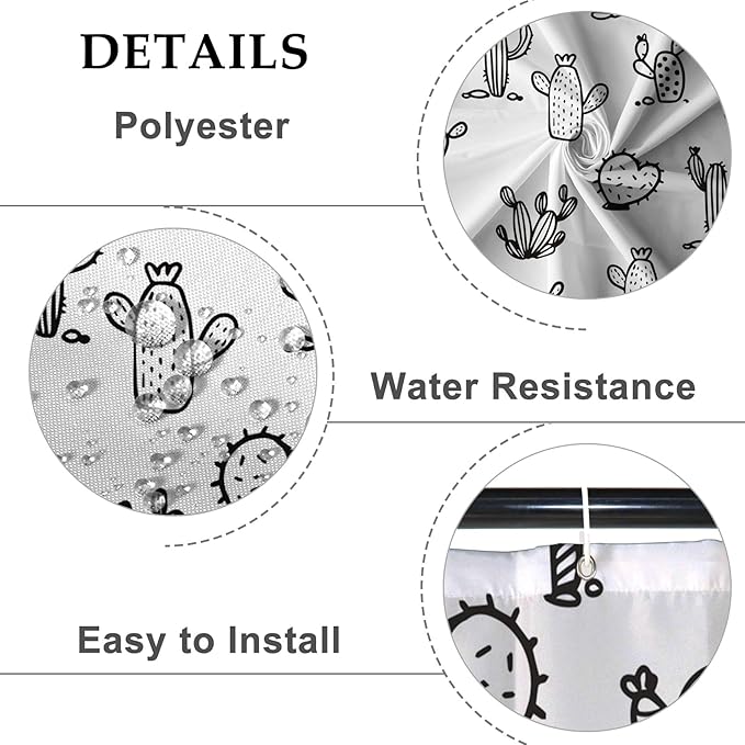 Baocicoo Cartoon Cactus Shower Curtain Tropical Plants Mexican Texas Minimalism Black and White Decorative Artistical Shower Curtains for Home Bathtubs Bath Waterproof Fabric with Hooks 72x84 Inches