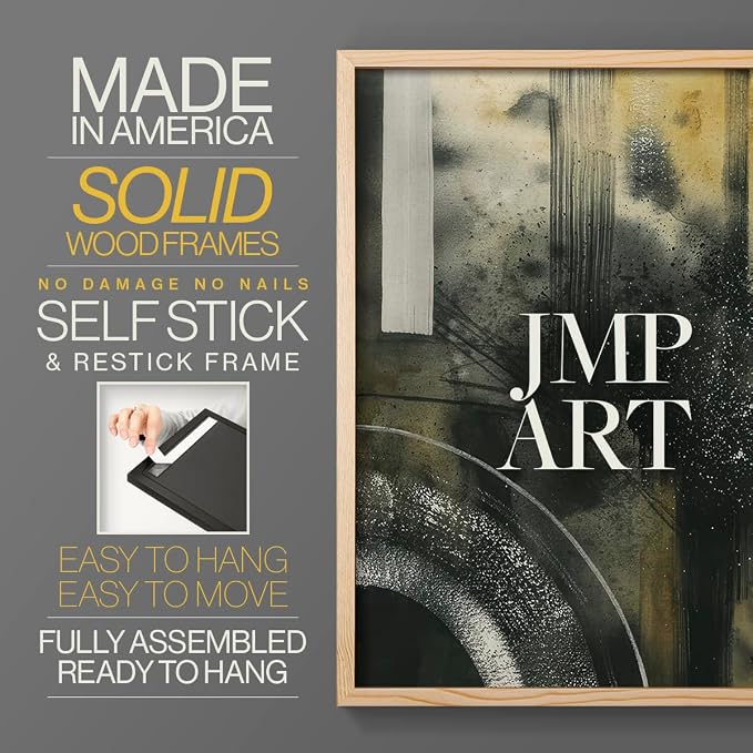 Renditions Gallery Set of 2 Peel & Stick Framed Prints, Moody Abstract Wall Art, Circular and Splattered Effects Wall Decor, Re-Stickable - Ready to Hang - 8"x10" - NATURAL WOOD Frame LT588