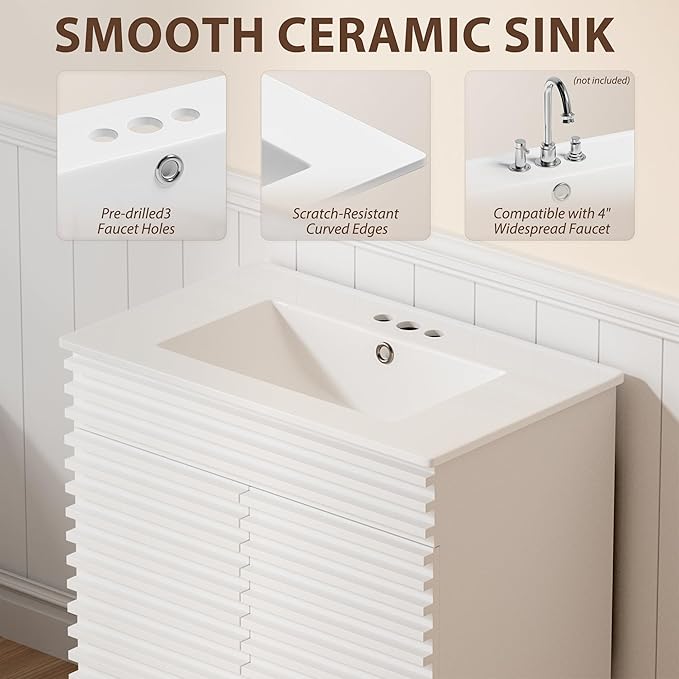 APRILSOUL 30" Bathroom Vanity with Ceramic Sink, Mid-Century Bathroom Vanity Cabinet with 2 Soft Closing Doors, Freestanding Bathroom Cabinet, Particleboard Frame with Wood Grain Laminate, White
