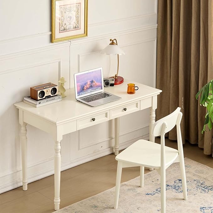 White Writing Desks with Drawers, 47" Solid Wood French Country Style Computer Desk for Home Office, Living Room Study or Workspace