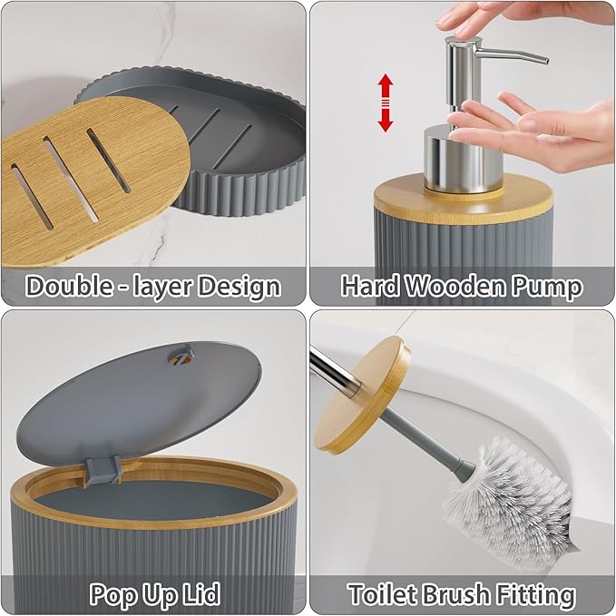 10PC Bathroom Accessories Set - Grey and Wooden Bathroom Sets, Bathroom Accessory Set with Pop Up Trash Can, Toilet Brush, Trash Can, Qtip Holder & Soap Dispenser
