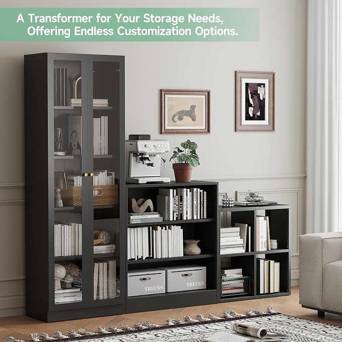 IRONMIX Metal 4 Cube Storage Organizer, Short Black Bookshelf with Storage, Small Horizontal Bookshelf, 2 Tier Open Bookcase Cube Shelf, Small TV Stand for Home Office Library (Black, 700)