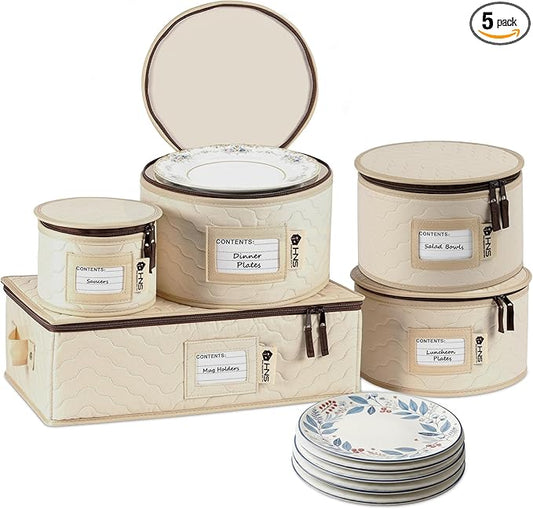 China Storage Hard Shell Containers 5-Piece Set Moving Boxes for Dinnerware, Glasses, Plates, Mugs and Saucers Sturdy Dish Organizer with Dividers for Seasonal Storage - Service for 12 - Beige Quilted