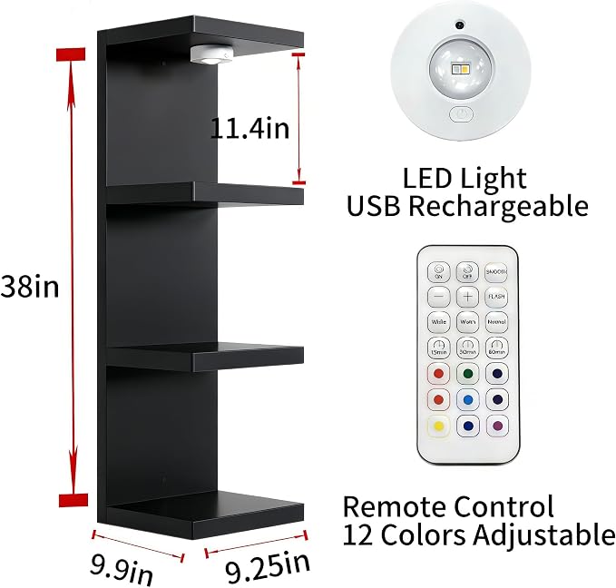 4 Tier Wall Shelf Unit Black Floating Shelves with LED Lights,Lack Wall Shelf,Versatile Floating Shelves for Home Decor Organizer Books Decor