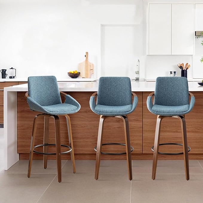 LUNLING 29.5" Bar Height Bar Stools Set of 2,Mid Century Modern Retro Bar Chairs Charcoal Blue Linen Look Fabric Upholstered and Walnut Wood Frame Barstools for Home Bar Furniture(Blue)