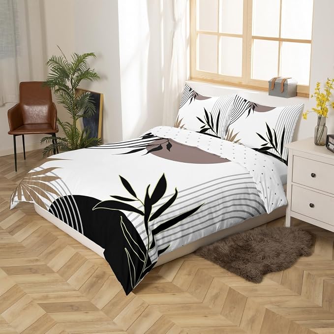 Erosebridal Geometric Leaves Comforter Cover King for Kids Teens Adults,Mid Century Black Grey Duvet Cover,Abstract Modern Art Bedding Set,Minimalist Simple Bed Set 3 Pcs Bedroom Decor