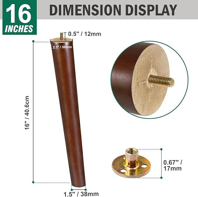FoDau770 Brown Rubber Wood Furniture Legs 16 Inches, Slant Tapered Wood Feet Mid Century Sofa Legs Set of 4, 5/16" UNC Furniture Feet Replacement Parts for Cabinet Couch Dresser Chair Ottoman Table
