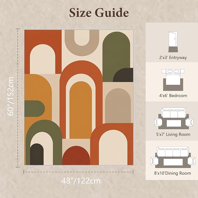 Mid Century Arch Area Rug 4x5, Terracotta Geometric Abstract Rug, Retro Modern Color Block Washable Low Pile Non Slip Rug for Living Room Bedroom