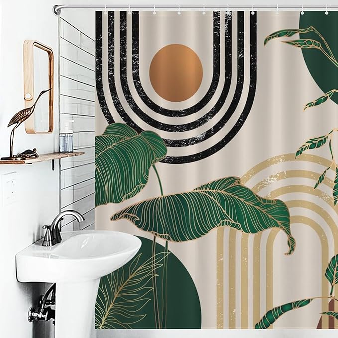 Green Boho Shower Curtain,Retro Abstract Mid Century Minimalist Tropical Modern Bathroom Curtain Polyester Waterproof Fabric Decor 66x72in（168x183cm）