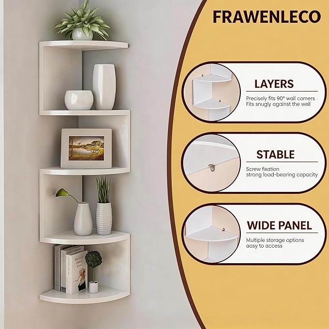 5-Tier Corner Shelf Wall Mount, Screw-Mounted Floating Bookshelf with Enhanced Support, Space-Saving Zigzag Shelf for Bedroom, Living Room, Office, Garage – (White)