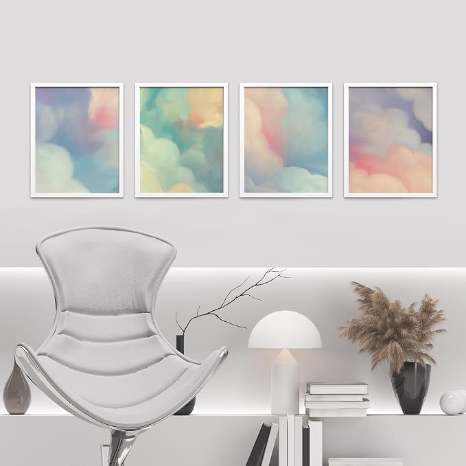 SIGNWIN Framed White Pastel Watercolor Rainbow Sky Clouds Wall Art, Set of 4 Abstract Geometric Wall Decor Prints, Nature Wilderness Wall Décor for Living Room, Bedroom - 11"x14" White
