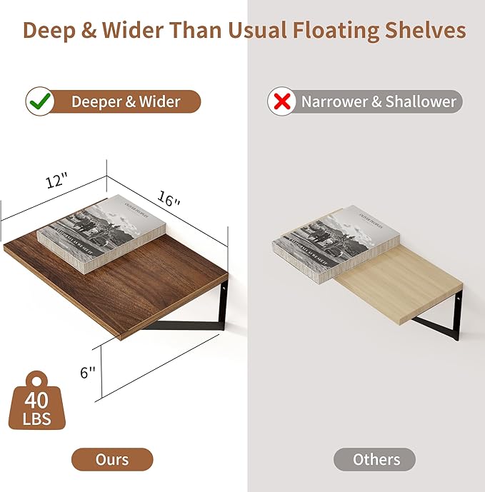 Axeman Deep Floating Shelves - 16 Inch Wide x 12 Inch Deep Walnut Wall Shelves Set of 2 - Rustic Wide Wood Wall Mounted Shelves for Room Decor & Storage