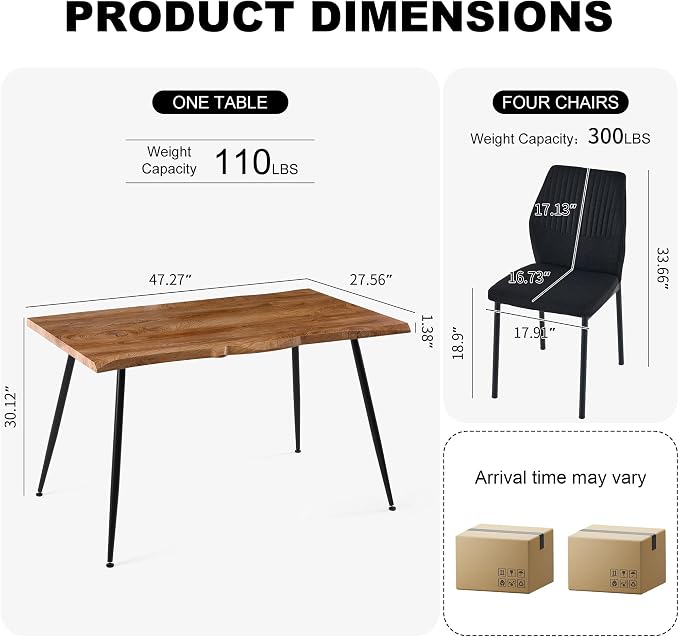 Dining Table Set for 4, Modern Wood Irregular Rectangle Dining Table, Linen Fabric Dining Chairs 4,Table and Chairs Set of 4 for Kitchen Dining Room, Black