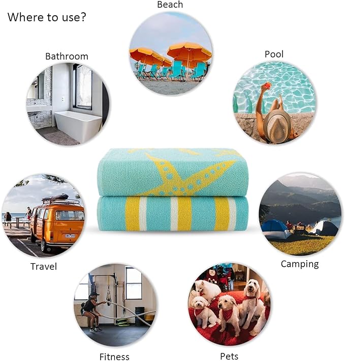 CASA COPENHAGEN Miami Bath Sheets Designed in Denmark Rough and Tough, Quick Dry, for Pool, Bath & Shower 35"x70", 2 Pieces Cotton Beach Towels Set - Star Fish Teal + Yellow Stripe