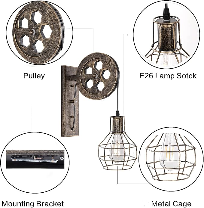 1 Light Fixture Industrial Mid Century Retro Iron Wall Lights Lift Pulley Wall Lamp Features The Matte Iron Cage Lamp Shade for Indoor Lighting Barn Restaurant(Bronze Color)