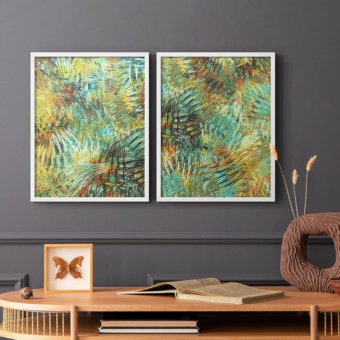 Renditions Gallery Set of 2 Peel & Stick Framed Prints, Nature Abstract Wall Art, Green Leafy Design Wall Decor, Re-Stickable - Ready to Hang - 22"x28" - White Frame LT588