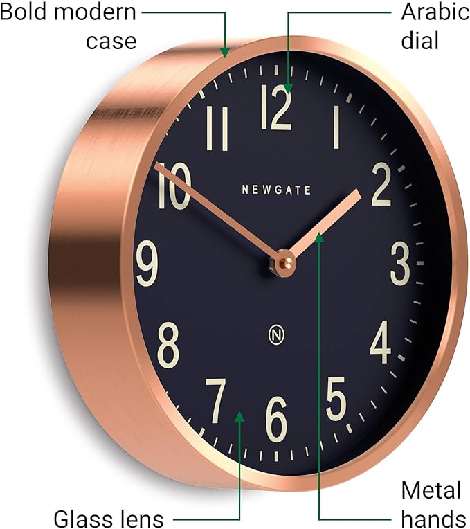 NEWGATE® Master Edwards wall Clock | Mid-Century Style Clock | 12 inch | Deep Metal case with Copper/Rose Gold Finish | Modern Retro Design for Kitchen, Living Room or Office