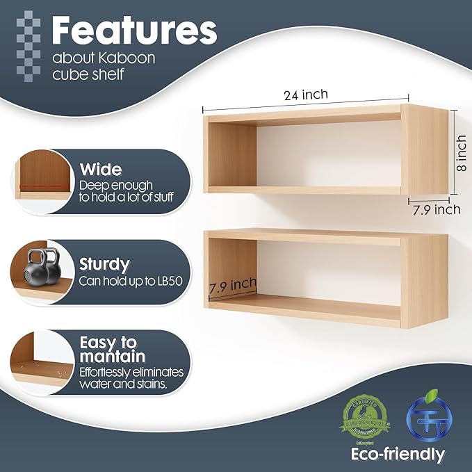 Kaboon 24in Floating Cube Shelves Set of 2, Display Shelves Wall Mount, Decorative Hanging Shelves for Kitchen Living Room Office,(Light Walnut, Rectangle 2 Cubes)