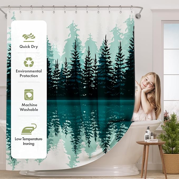 AmazerBath Shower Curtain Green, Washable Cloth Sage Green Shower Curtain Sets with 12 Metal Shower Curtain Hooks, Luxury Waterproof Rustic Fabric Shower Curtains for Bathroom Decor, 72x72 Inches