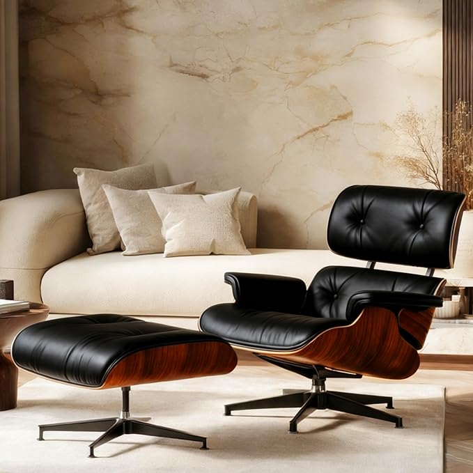 Mid-Century Genuine Top Grain Leather Chaise Lounge Chair & Ottoman, Rosewood Base, Modern Classic Design for Living Room & Office