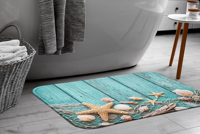 Britimes Bath Mat for Bathroom, Beach Seashells Starfish Sand Washable Cover Floor Rug Carpets Floor Mat Bathroom Decorations 16x24 Inches for Kitchen Bedroom Indoor