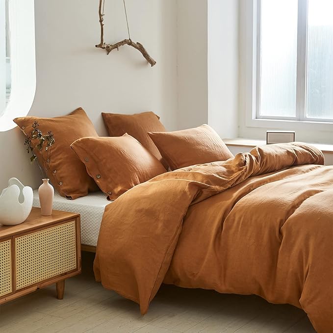 Simple&Opulence 100% Linen Duvet Cover Set 3pcs with Coconut Button Closure Natural French Washed Flax Solid Color Soft Breathable Farmhouse Bedding - Rust, Full Size