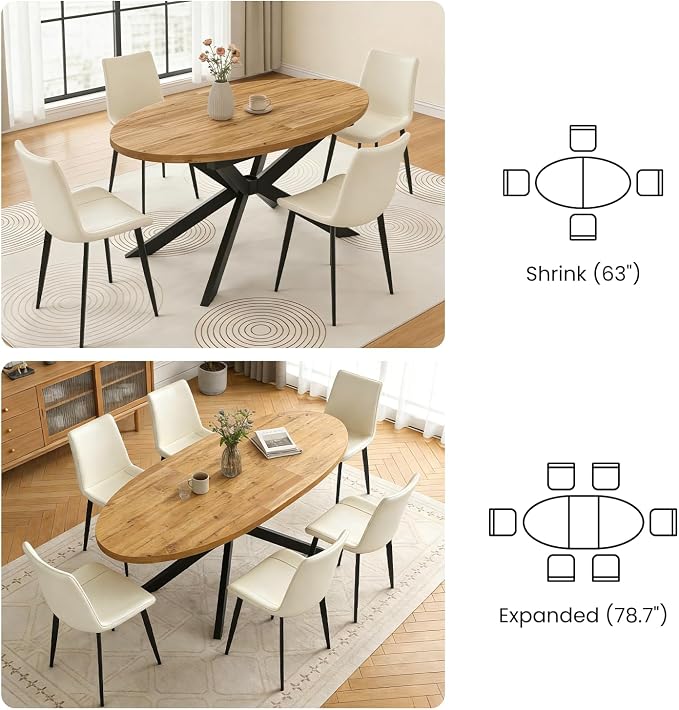 63"-78.7" Extendable Round Dining Table Set for 6, 7 Piece Mid Century Modern Oval Kitchen Table Set, Large Dining Table with 6 Dining Chairs for Living Room Space Saving(Walnut Table+6 Beige Chairs)