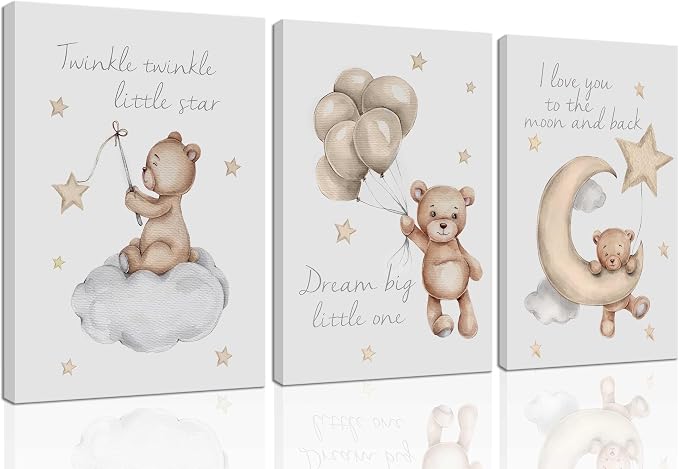 3Pcs Teddy Bear Wall Art Cute Little Bears Wall Decor Slepping Teddy Bears Posters Prints Moon Star Cloud Neutral Nursery Canvas Pictures for Kid's Room or Bedroom Painting Framed