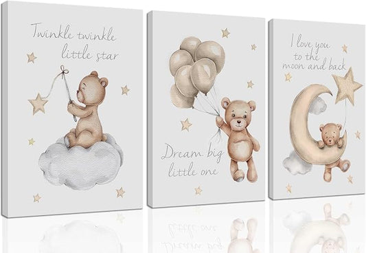 3Pcs Teddy Bear Wall Art Cute Little Bears Wall Decor Slepping Teddy Bears Posters Prints Moon Star Cloud Neutral Nursery Canvas Pictures for Kid's Room or Bedroom Painting Framed