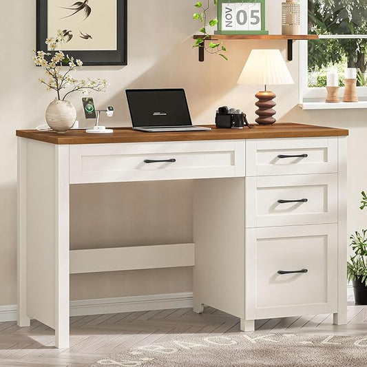 Vabches Farmhouse 47" Executive Desk, Computer Desk with File Drawer and Charging Station, Workstation for Home Office, Study,(Unique White).