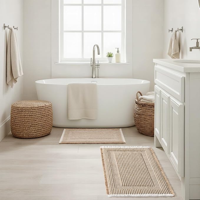 MIULEE Set of 2 Waffle Bathroom Rugs, Boho Bath Rug Super Absorbent, Non Slip Washable Ultra Soft Rubber Backed Beige Bath Mats for Floor, Tub, Shower, Looped Design, Brown & Cream, 18x30 Inch