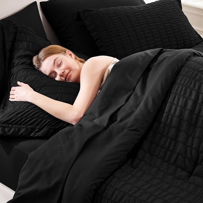 CozyLux Full Size Comforter Sets Black, 7 Pieces Seersucker Textured Luxury Bed in a Bag, All Seasons Soft Bedding Sets with Down Alternative Comforter, Sheets, Pillowcases & Shams, Home Gift