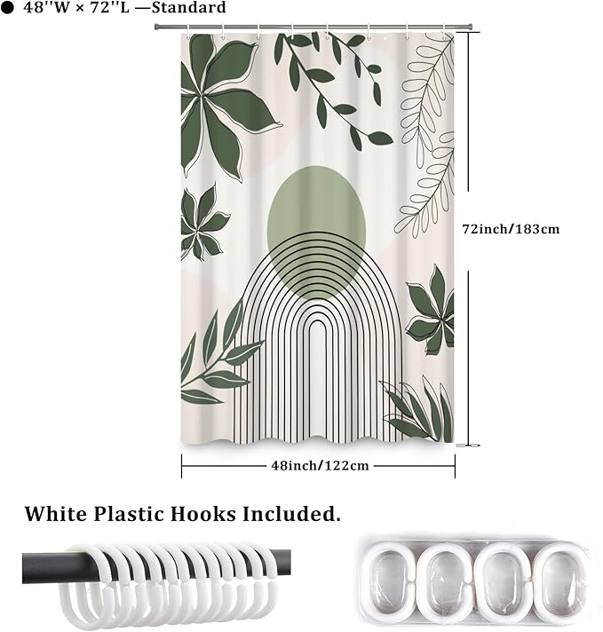 Boho Shower Curtain Modern Abstract Green Leaves Sun Bathroom Curtain Minimalist Geometric Arch Nature Fresh Decor Shower Curtain Waterproof Fabric with Hooks 48x72