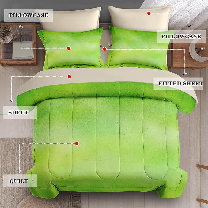 7Pcs Comforter Set King Size, Modern Lime Green Lemon, Bedding Decor Watercolor Pastel Dye Stained Abstract Bedroom Bed Set with Flat Sheet Fitted Sheet Pillowcases Shams for Kids and Adults