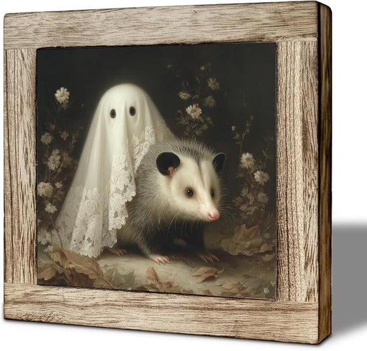 Cute Ghost and Opossum Wooden Block Sign - Charming Halloween Decor, Rustic Wooden Plaque for Home, Office, Fall, Gift for Halloween Fans