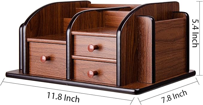 Liry Products Brown Wooden Desk Organizer Multiple Compartments 3 Drawers Slots 2 Shelves Racks Holder Office Supplies Caddy Tabletop Storage Desktop Stationery Accessory Sorter Home Kitchen