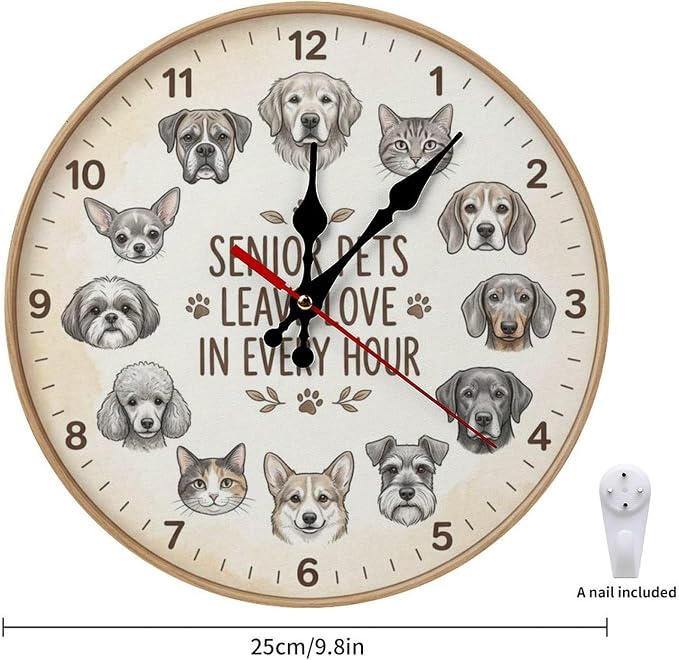 Adorable Pet Breeds Art Wooden Wall Clock Silent Non Ticking for Living Room Bedroom Kitchen Office | Cute Animal Lover Home Decor Gift, Battery Operated 10/12 Inch Frameless
