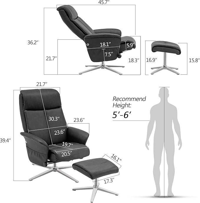 MCombo Swivel Recliner with Ottoman, Modern Heavy-Duty Aluminum Base, Faux Leather Lounge Chair for Small Space, Living Room, or Office 4603 (Dark Grey)