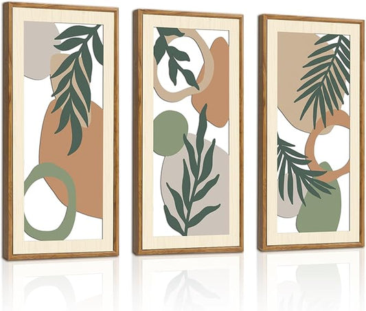 IARTTOP Sage Green Wall Art Framed Set of 3 Green Abstract Wood Wall Decor Boho Plant Neutral Wall Art Geometric Aesthetic Botanical Artwork for Living Room Bedroom Office 7.9 x15.8 Inch