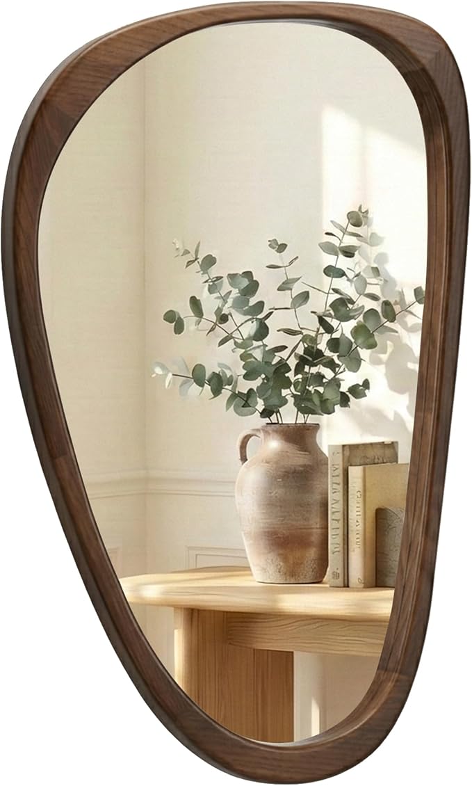 Irregular Asymmetrical Wall Mirror 30"×20" with Solid Wood Frame, Sculptural Mid-Century Modern Decorative Wall Mirror for Bathroom & Entryway