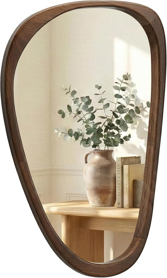 Irregular Asymmetrical Wall Mirror 30"×20" with Solid Wood Frame, Sculptural Mid-Century Modern Decorative Wall Mirror for Bathroom & Entryway