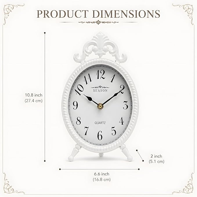 Battery Operated French Vintage Table Clock, 10.8" Small European Shabby Chic Mantel Clock with Ornate Scrollwork, Retro Desk Clock Quartz Silent Non-Ticking for Living Room, Bedside, Fireplace Decor