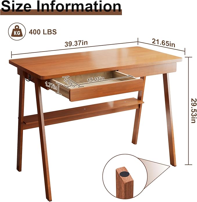 100% Solid Wood Writing Desk - 39.4" Mid Century Modern Home Office Desks, Small Computer Desk for Small Spaces with 2 Drawers and Storage Shelf, Laptop Study Table for Bedroom/Living Room, Walnut