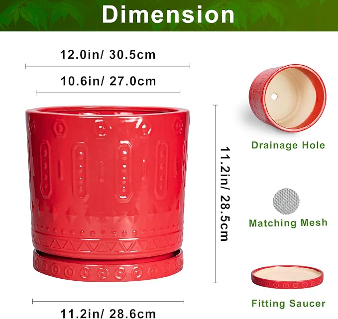 Eightpot 12 Inch Pots for Plants, Ceramic Pots for Plants Indoor Outdoor, Round Flower Pot with Drainage Holes and Saucers, Modern Decorative Planter, Home Porch Decor, Gardening Gifts, Red