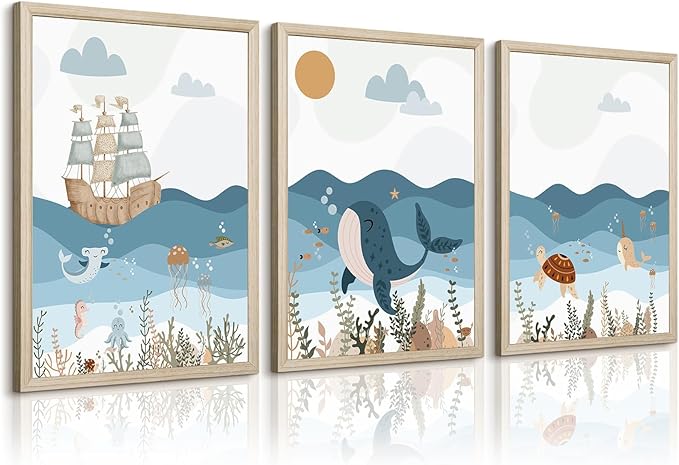 Ocean Nursery Wall Art Pictures Blue Nautical Canvas Art Beach Animal Wall Decor Baby Boys Room Wall Art Sea Whale Prints Ocean Nautical Poster for Nursery Baby Room 12x16 Inch Set of 3 Wood Framed