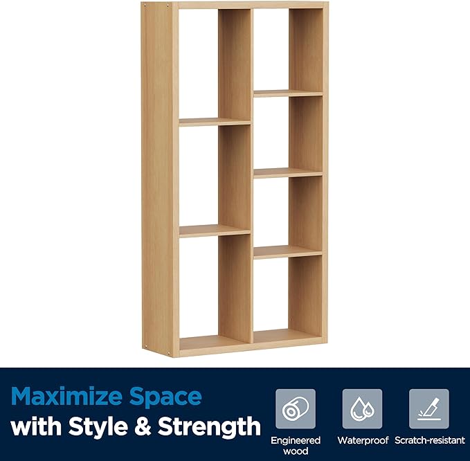 7 Cube Storage Organizer, Cube Shelf with Heavy-Duty Thick Boards, 25.12" L x 9.37" W x 48.74" H, Smooth Easy-Clean Panels, Simple Assembly, for Living Room Bedroom Office, Natural-Oak