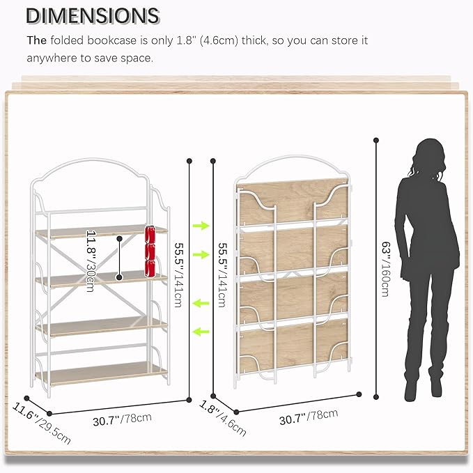 4NM No Assembly Extra Wide Folding Bookshelf for Living Room, 4 Tiers Collapsible Book Shelves Open Industrial Foldable Bookcase Storage Shelf for Home Office - Cloud Oak