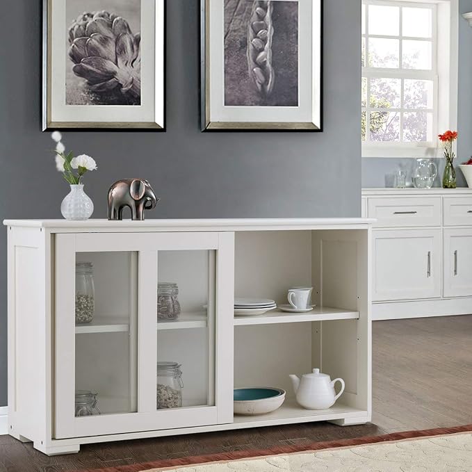 Sideboards Buffet Cabinet, Sliding Tempered Glass Door Coffee Bar, Console Table with Adjustable Shelf, Credenzas for Living Room, Stackable Kitchen Cupboard for Dining Room (White)