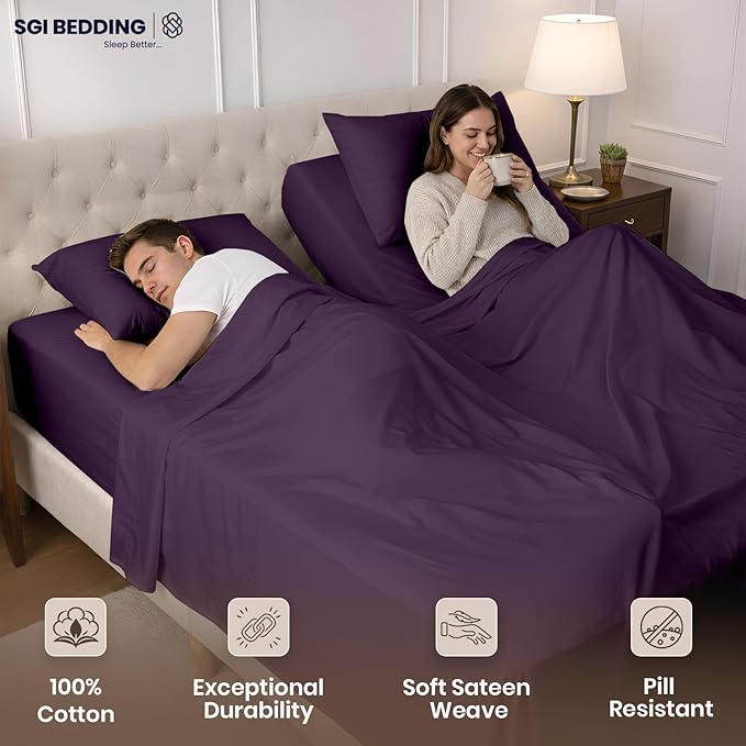 SGI Split King Sheet Set for Adjustable Bed Egyptian Premium Cotton 600 Thread Count Sheets for Sleep Number Bed 15" Deep Pocket 5 Pc Set with 2 Twin XL Fitted Sheets Soft Breathable -Plum