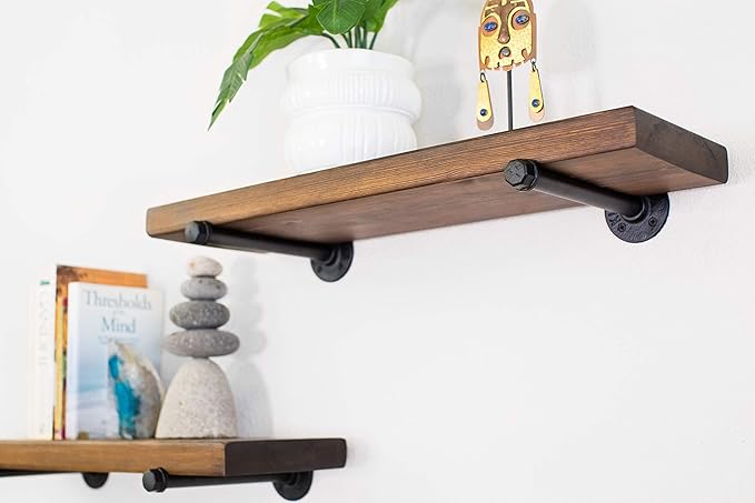 Floating Wall Shelf with Industrial Pipe Brackets, Solid Wood, Rustic Farmhouse Shelf, 24" x 7.5" x 1.5" (2, Dark Walnut)